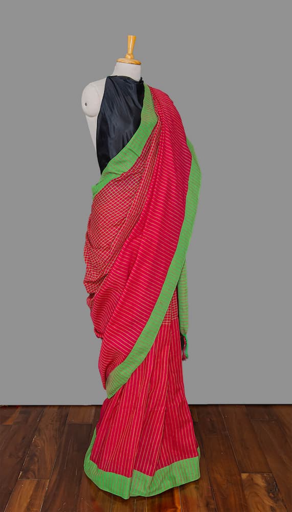 Handloom cotton saree-Resberry Red-Green Checkered