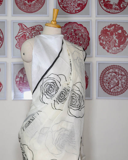 simmpli ethnicc | Off-white Mul Cotton Black Rose Print Saree