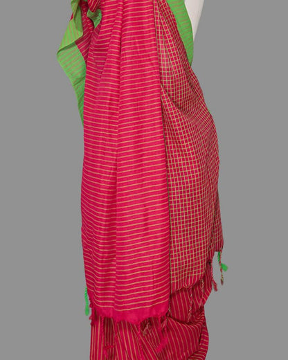 Handloom cotton saree-Resberry Red-Green Checkered