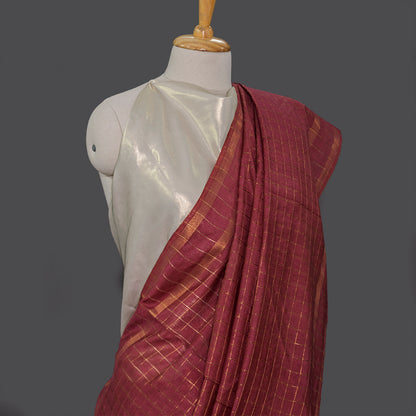 Brick Red Cotton Linen Saree - Golden checkered | slim Border | simmpli ethnicc