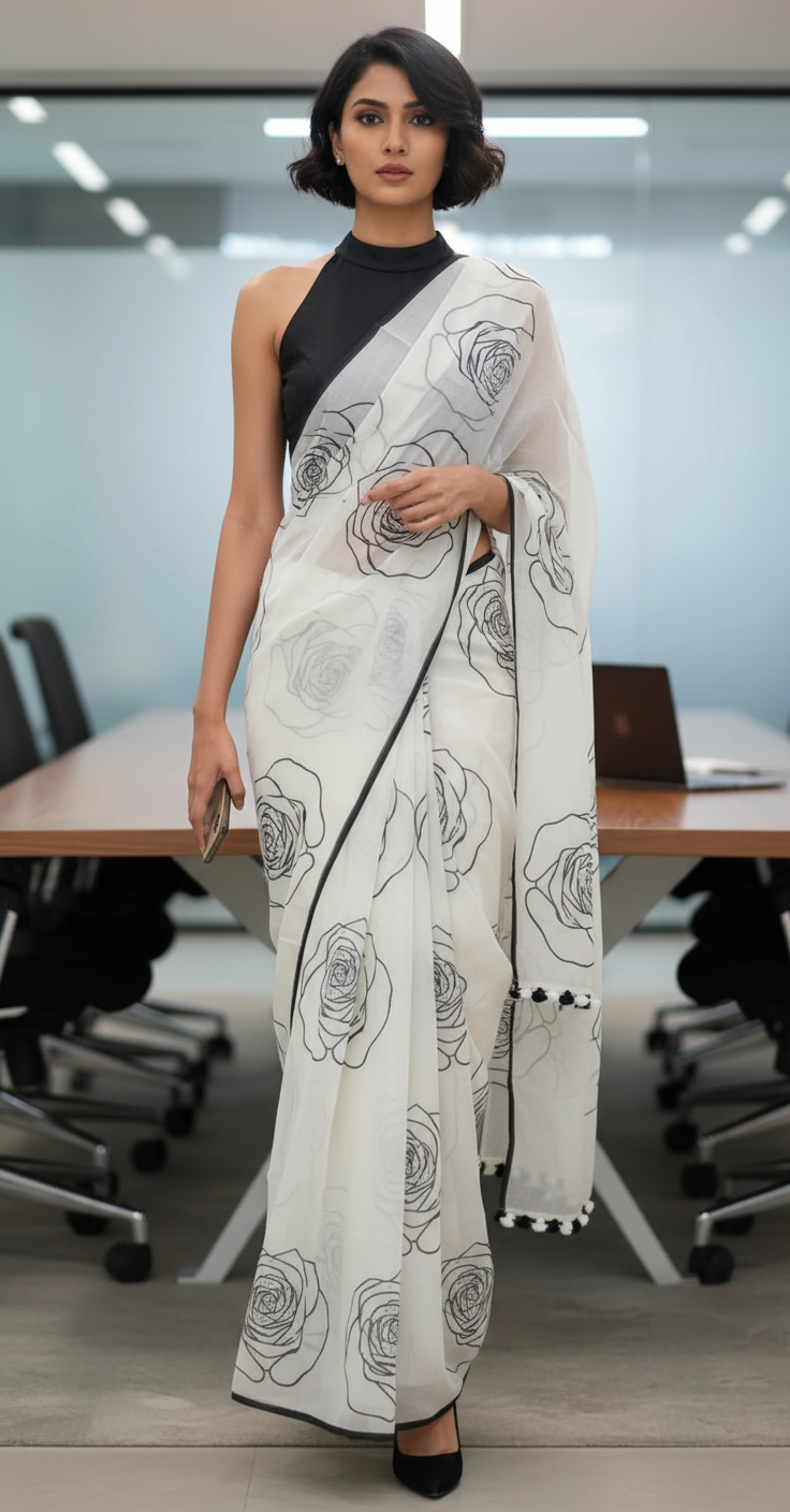 MUL COTTON-OFF WHITE-BLACK_ROSE PRINTED SAREE-PRINTED SAREE COLLECTION | simmpli ethnicc