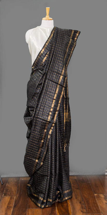Black Cotton Linen Saree - Golden checkered | slim Border | simmpli ethnicc