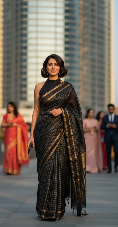 Linen Cotton Saree- Black-Golden Checkered