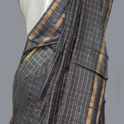 Black Cotton Linen Saree - Golden checkered | slim Border | simmpli ethnicc
