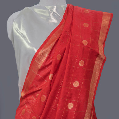 Red Cotton Linen Saree - Golden Booties & slim  Border | simmpli ethnicc