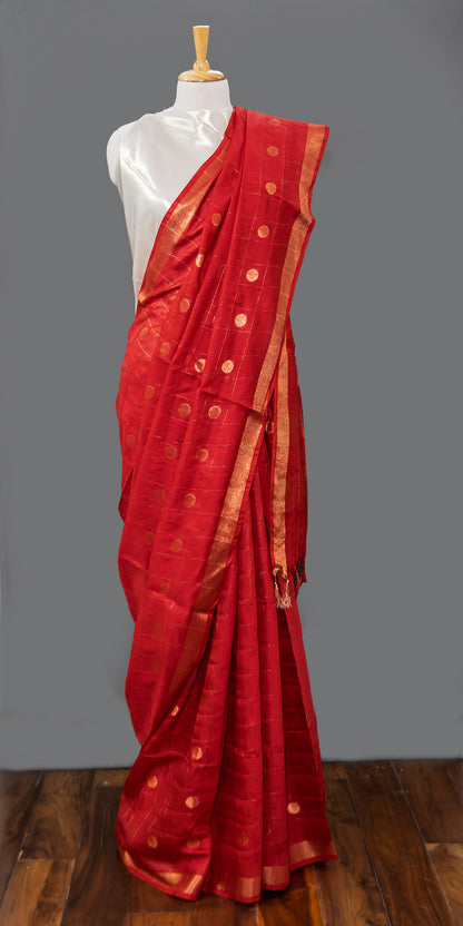 Red Cotton Linen Saree - Golden Booties & slim  Border | simmpli ethnicc