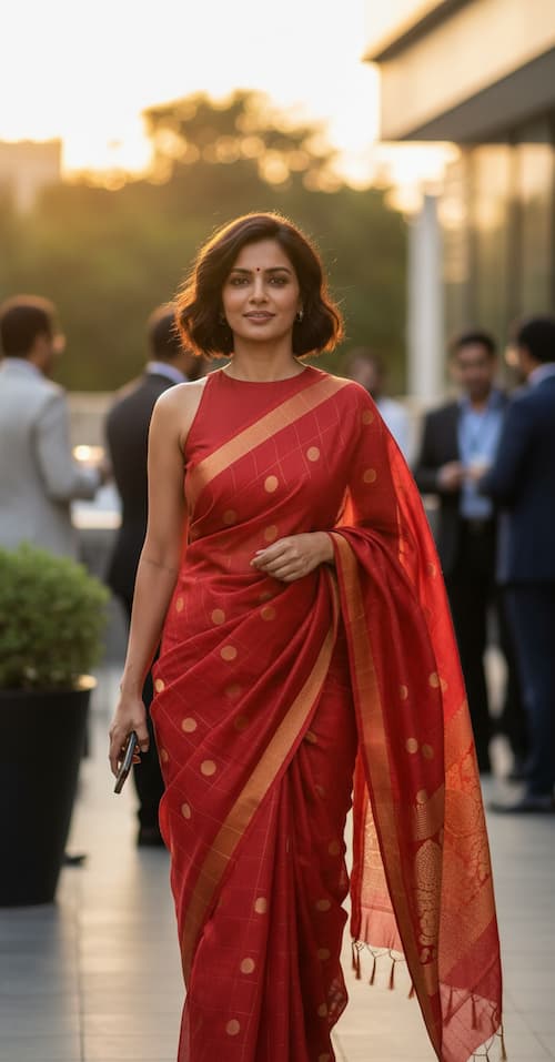 Linen Cotton Saree- Scarlet Red-Golden border-Booties