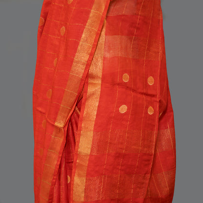 Red Cotton Linen Saree - Golden Booties & slim  Border | simmpli ethnicc