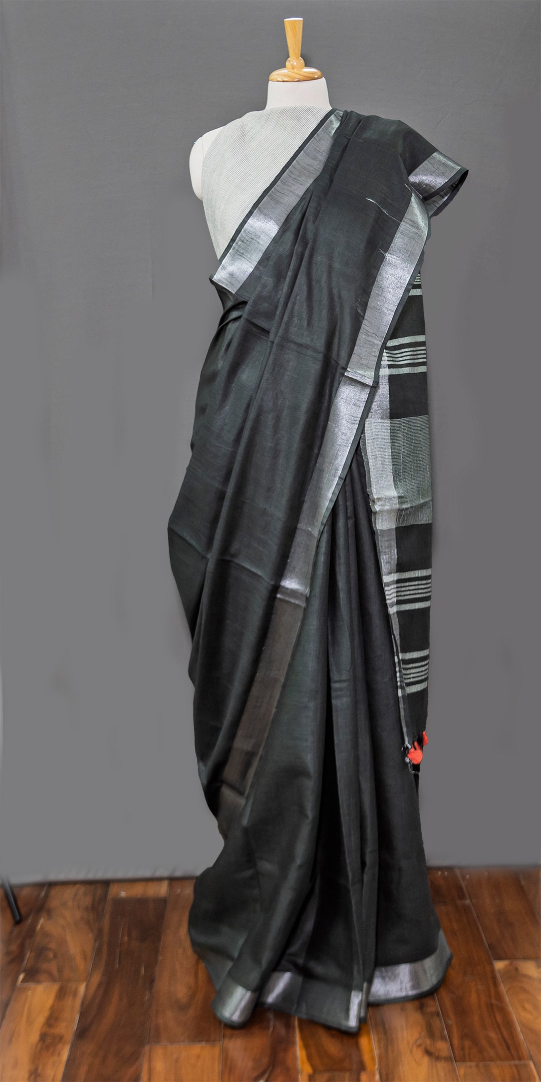 Black Cotton Linen Saree with silver Border