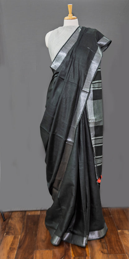 Black Cotton Linen Saree- silver Border | simmpli ehnicc