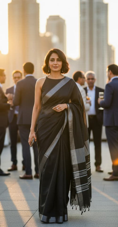 Linen Cotton Saree-Charcoal Black-Silver Border-Plain