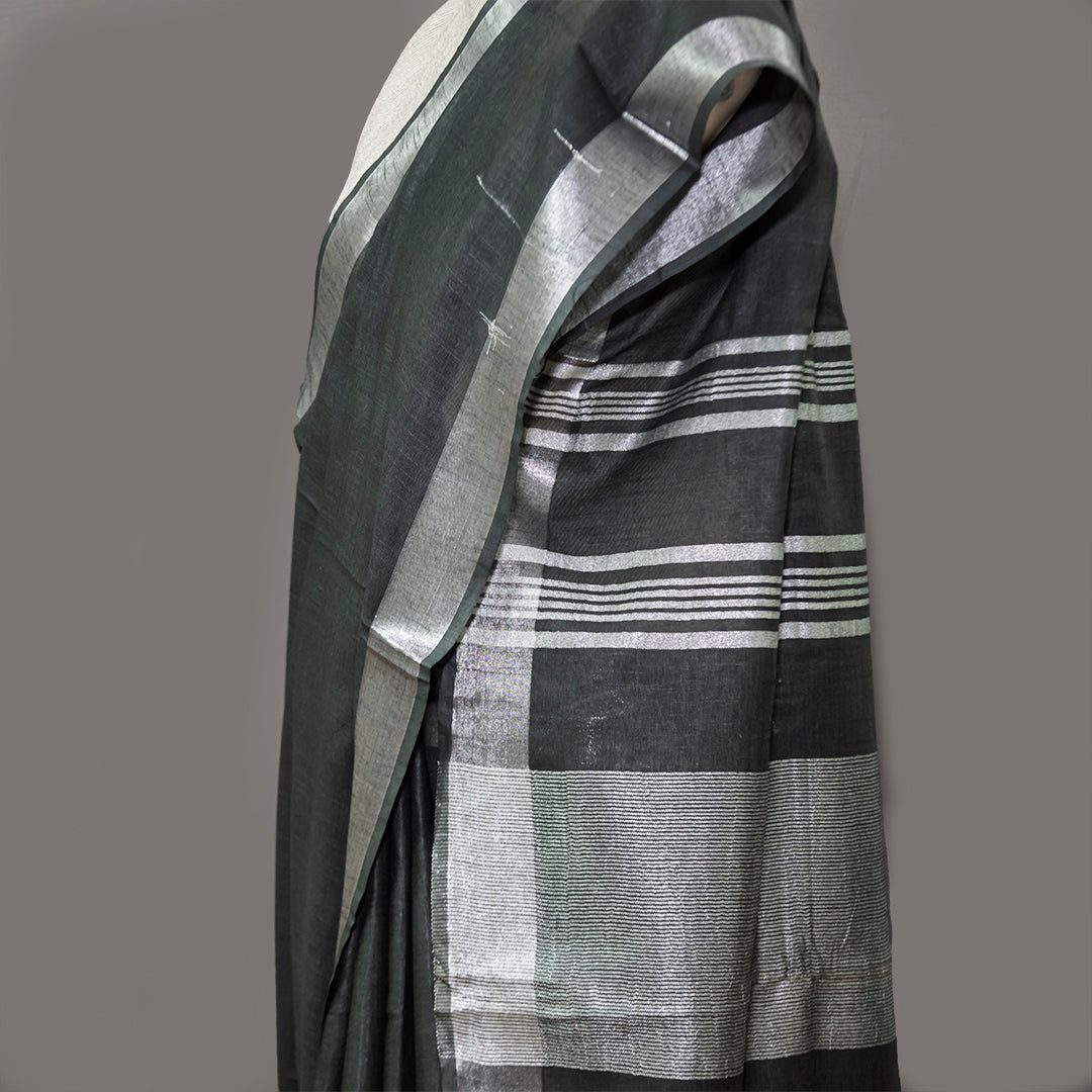 Black Cotton Linen Saree with silver Border