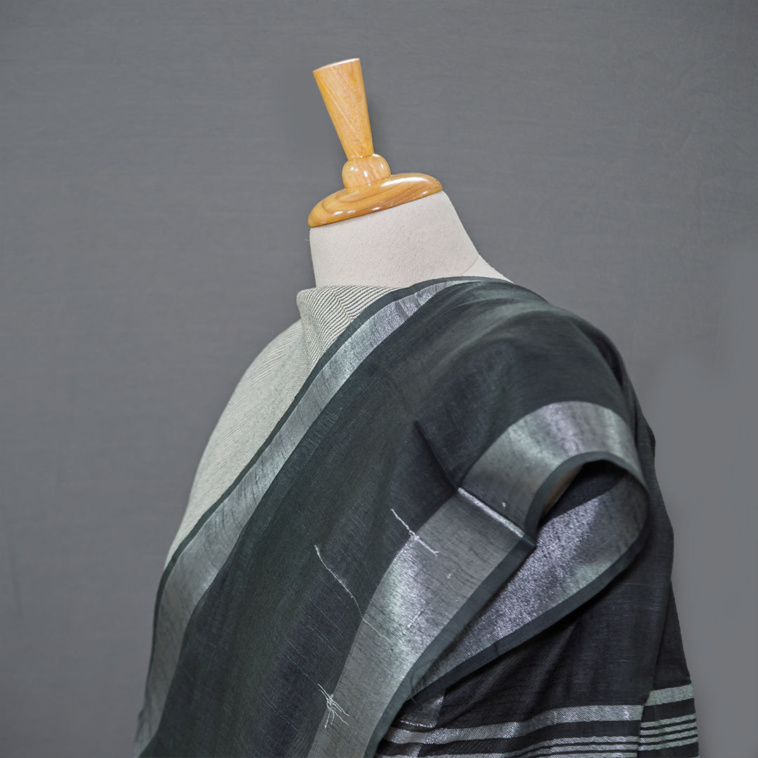 Black Cotton Linen Saree with silver Border