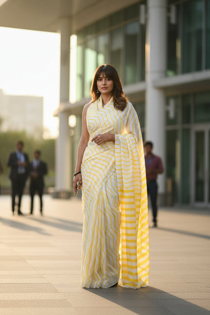 Mul Cotton yellow and white striped Printed saree