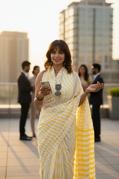 Mul Cotton yellow and white striped Printed saree