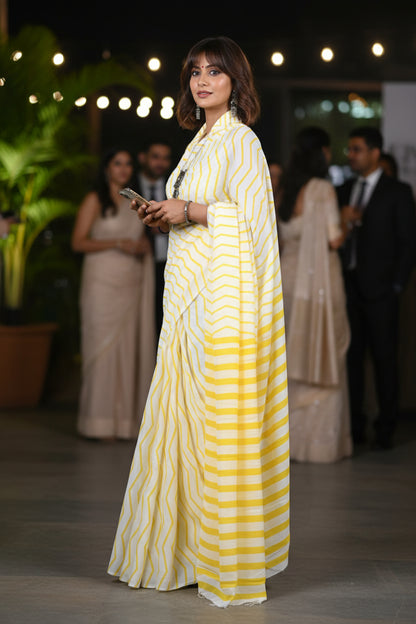 Mul Cotton yellow and white striped Printed saree