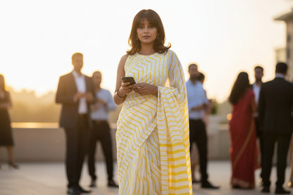 Mul Cotton yellow and white striped Printed saree