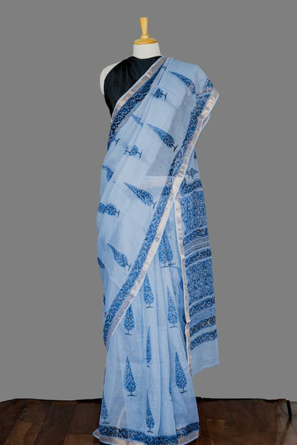 Kota Doria Saree -Powder Blue-Block Printed
