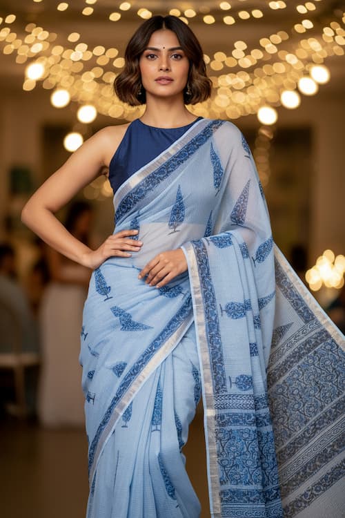 Kota Doria Saree -Powder Blue-Block Printed