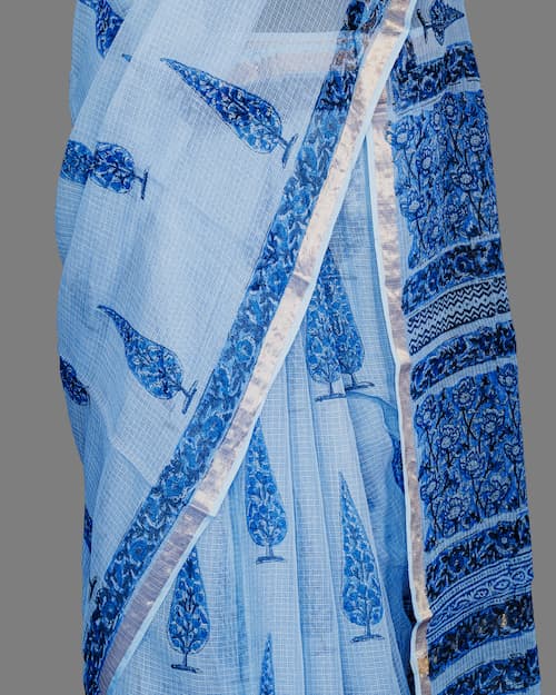 Kota Doria Saree -Powder Blue-Block Printed