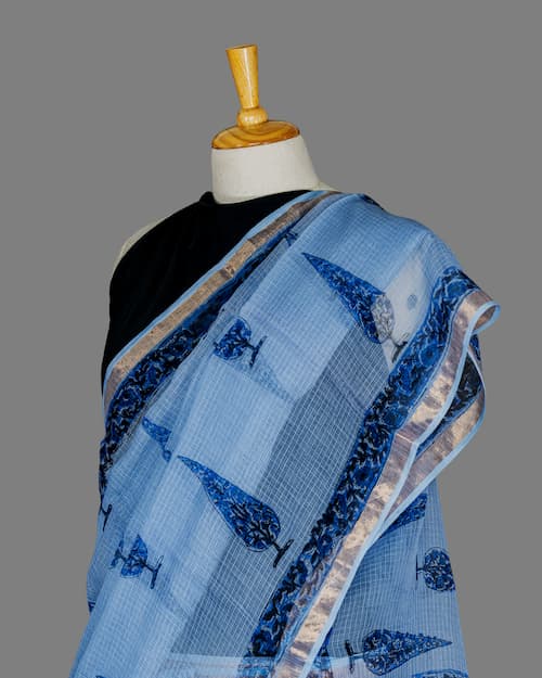 Kota Doria Saree -Powder Blue-Block Printed