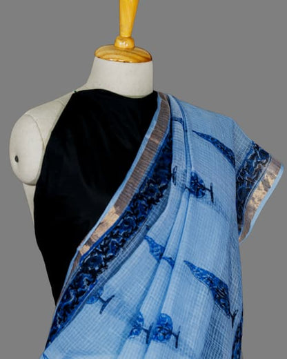 Kota Doria Saree -Powder Blue-Block Printed