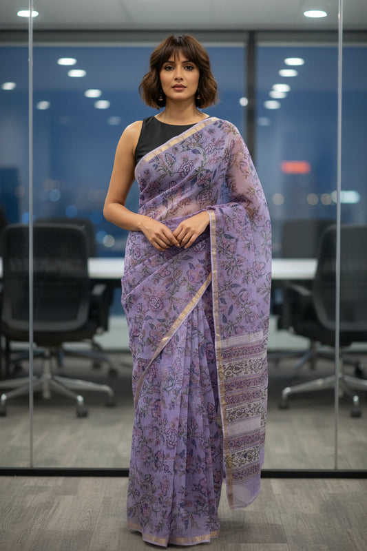 Kota Doria Saree-Mauve Purple-Block Printed