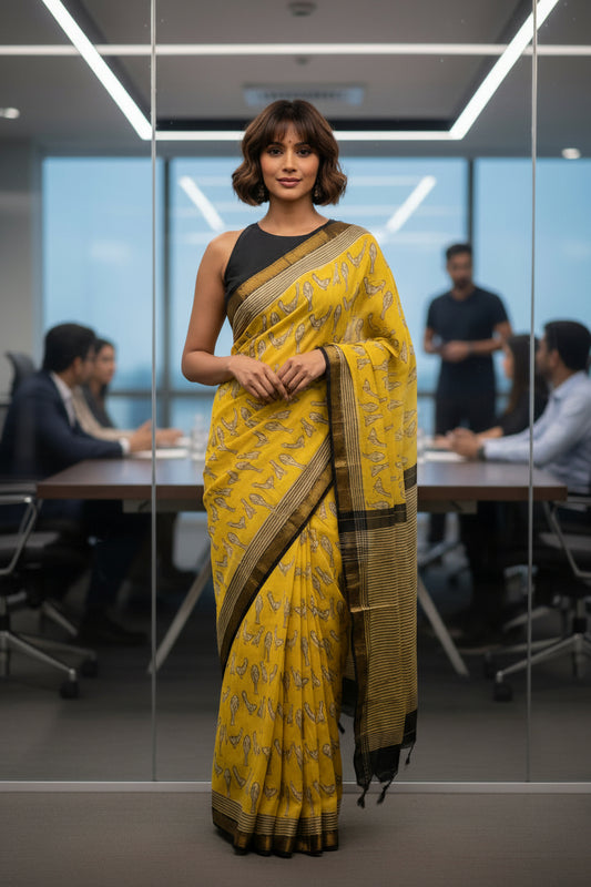 Maheshwari Cotton Silk Saree-Dark Yellow-Block Printe