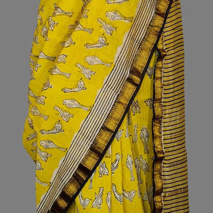 Maheshwari Cotton Silk Saree-Dark Yellow-Block Printed