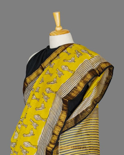 Maheshwari Cotton Silk Saree-Dark Yellow-Block Printed