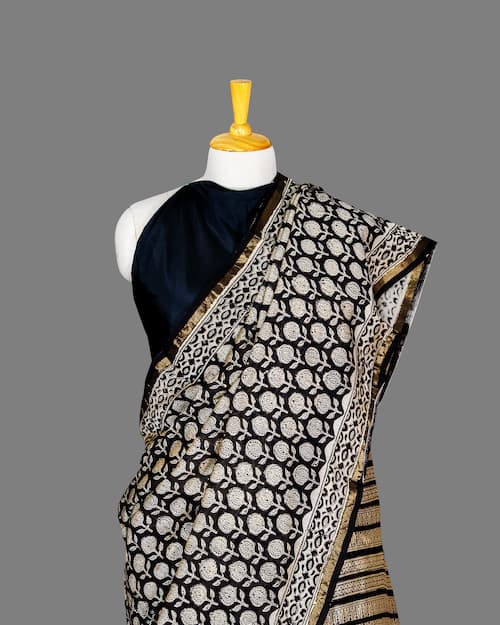 Chanderi Cotton Silk Saree -Black-Biege-block Printed