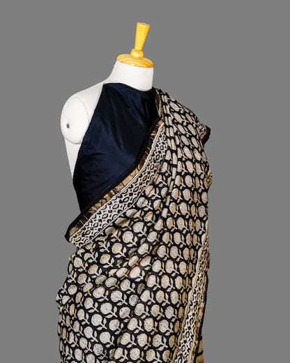 Chanderi Cotton Silk Saree -Black-Biege-block Printed