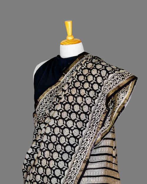 Chanderi Cotton Silk Saree -Black-Biege-block Printed