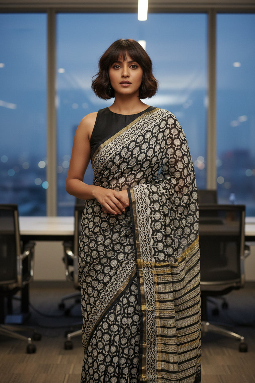Chanderi Cotton Silk Saree -Black-Biege-block Printed