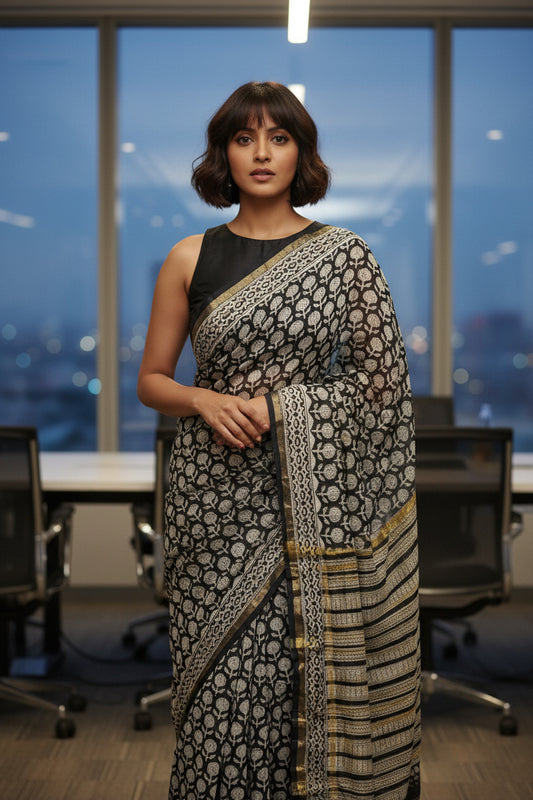 Chanderi Cotton Silk Saree -Black-Biege-block Printed
