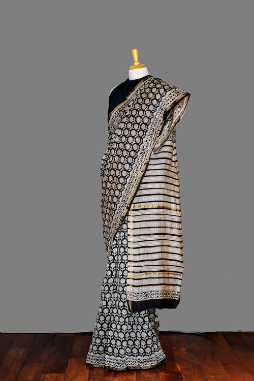 Chanderi Cotton Silk Saree -Black-Biege-block Printed