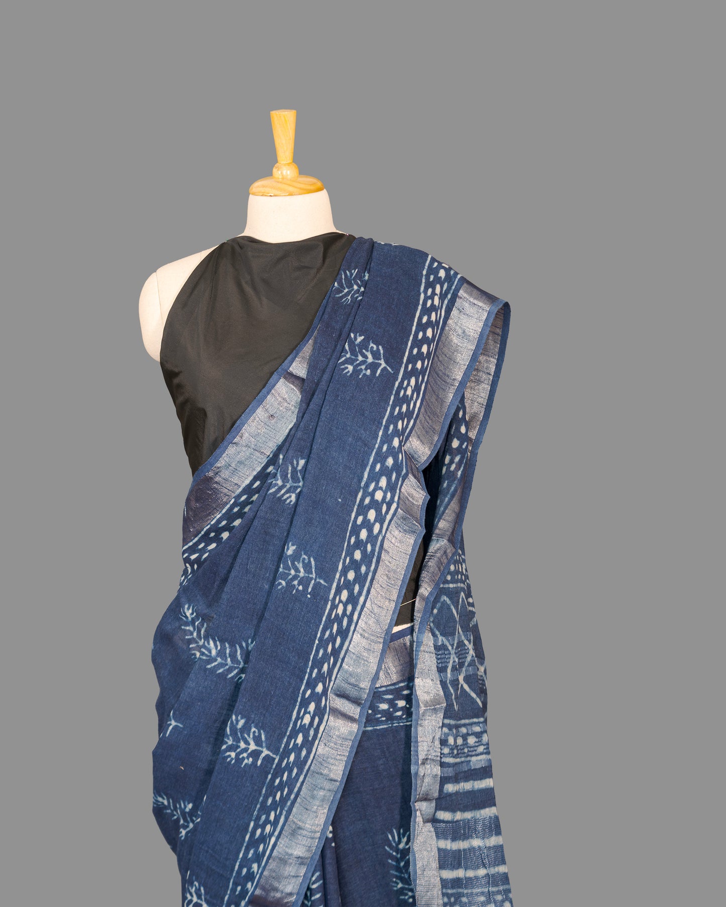 Linen Cotton Saree-Indigo Blue-Hand Block Printed