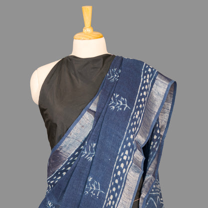 Linen Cotton Saree-Indigo Blue-Hand Block Printed