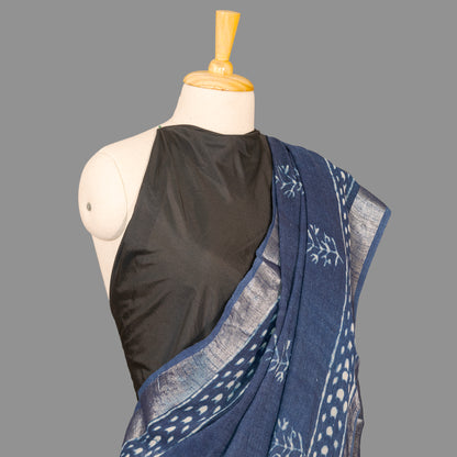Linen Cotton Saree-Indigo Blue-Hand Block Printed