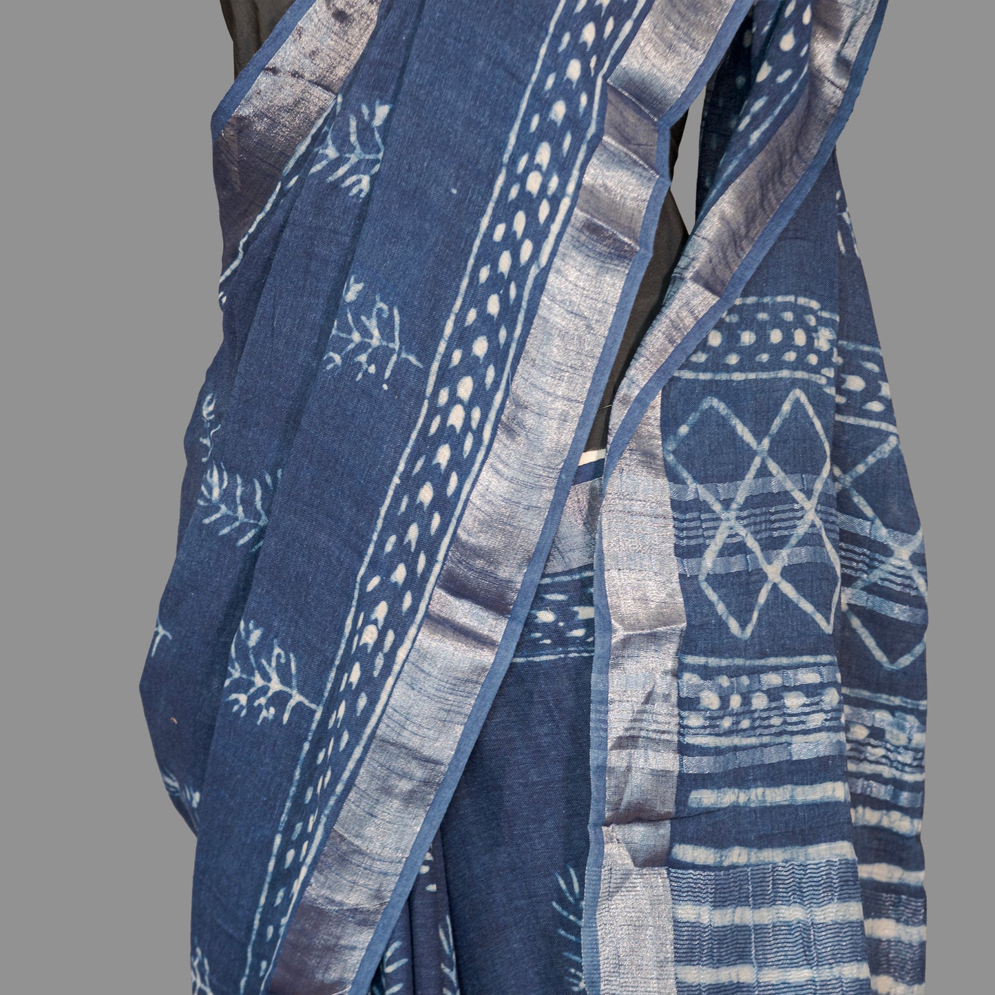 Linen Cotton Saree-Indigo Blue-Hand Block Printed