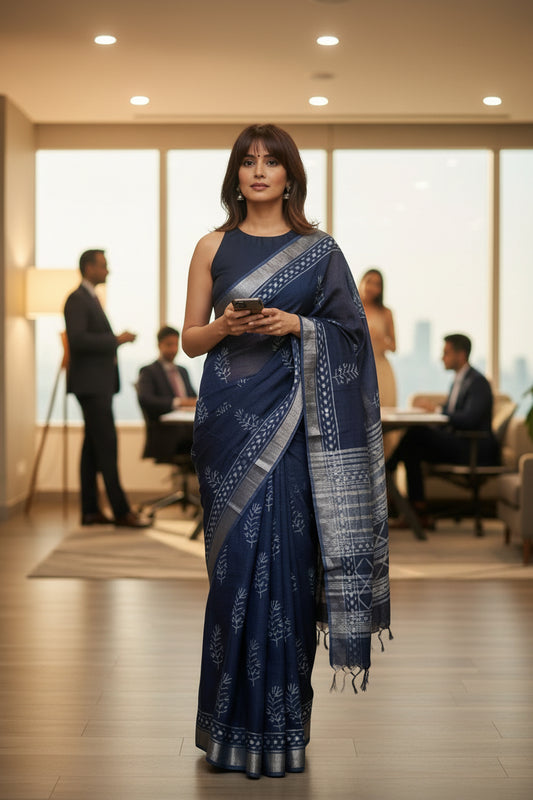 Linen Cotton Saree-Indigo Blue-Hand Block Printed