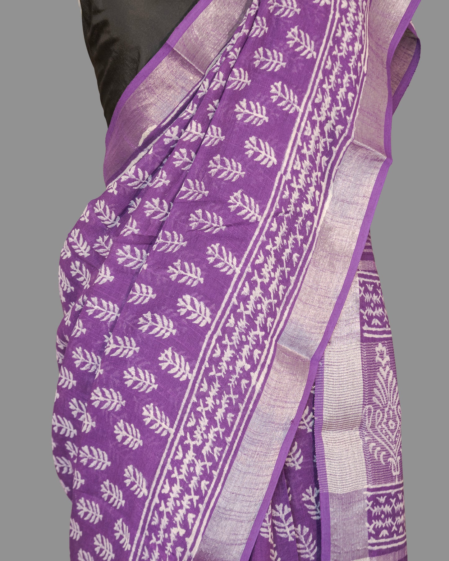 Linen Cotton Saree-Amethyist  Purple-White Block Printed