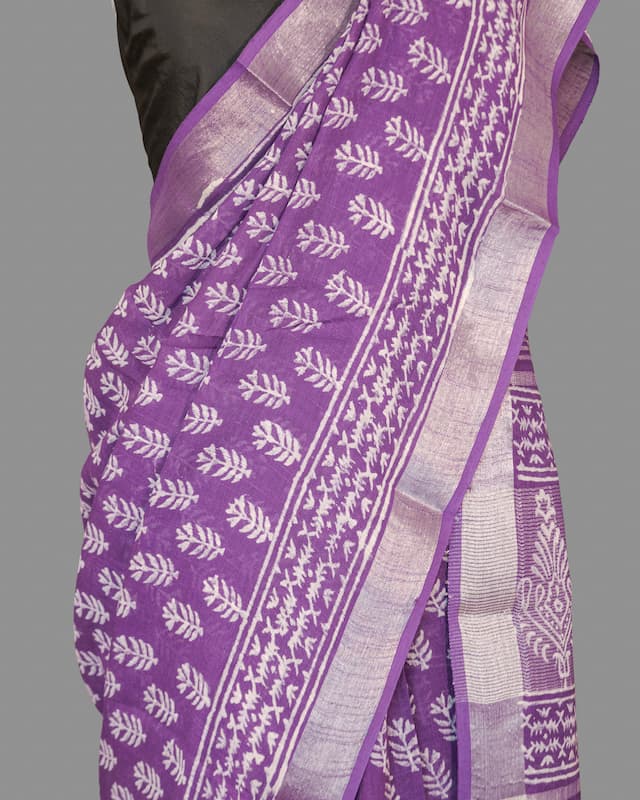 Linen Cotton Saree-Amethyist  Purple-White Block Printed