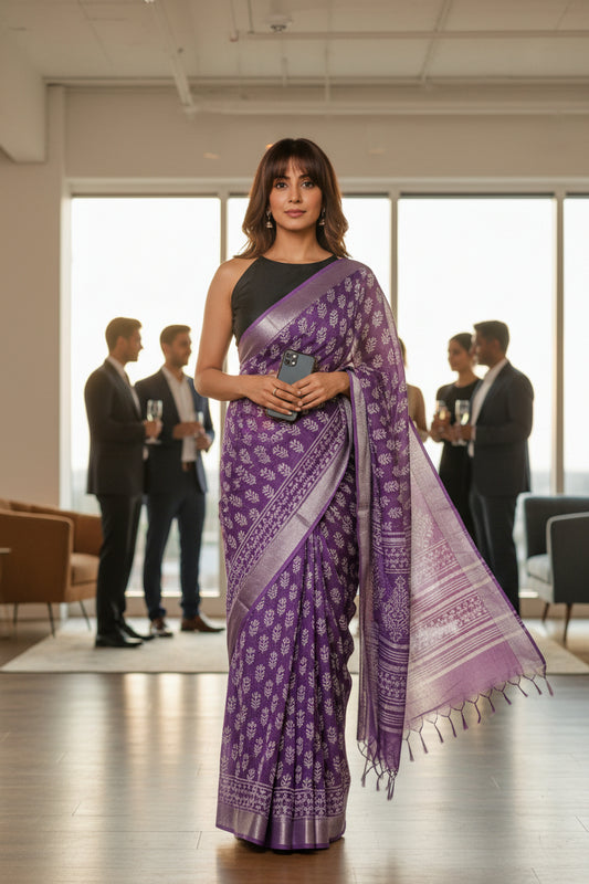 Linen Cotton Saree-Amethyist  Purple-White Block Printed