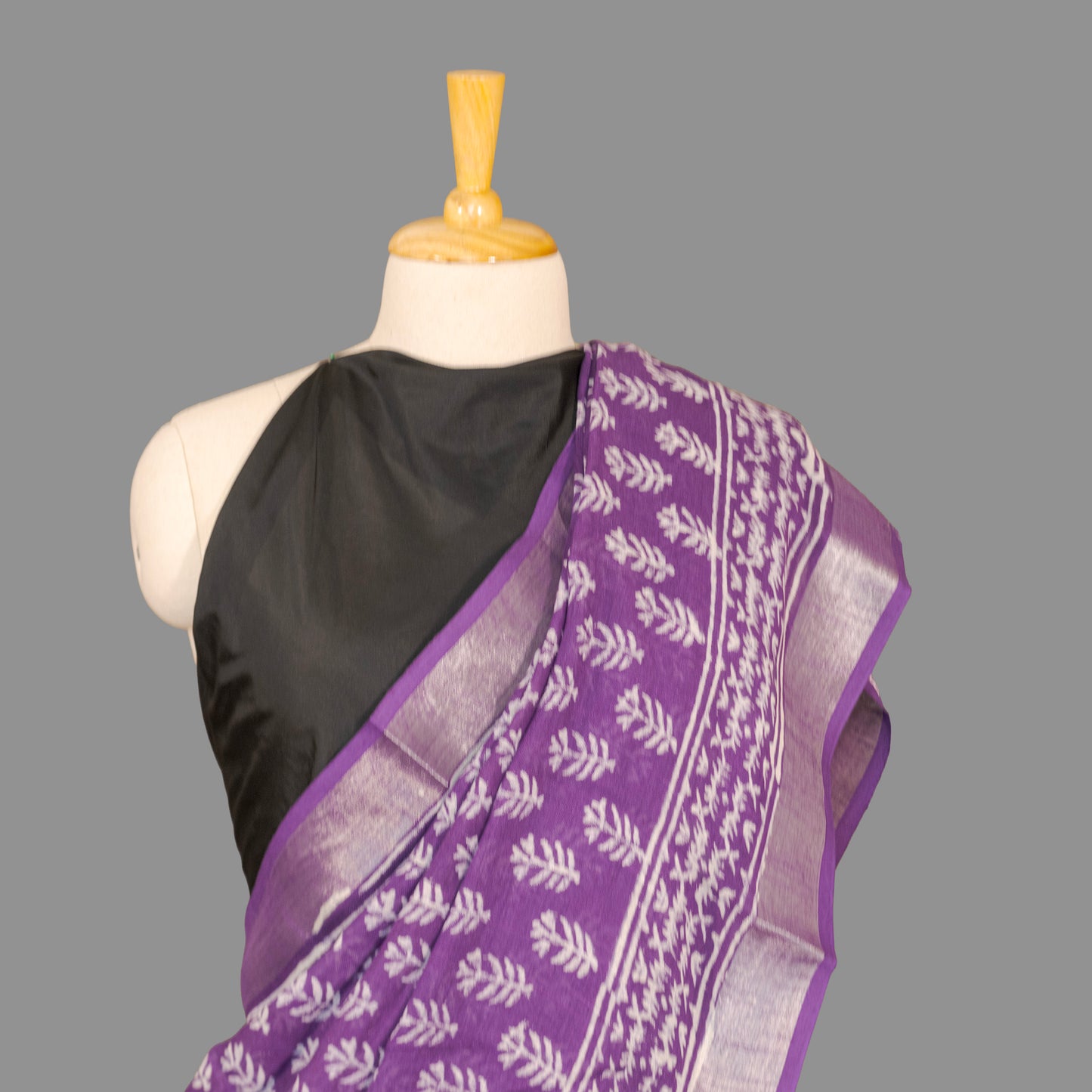 Linen Cotton Saree-Amethyist  Purple-White Block Printed