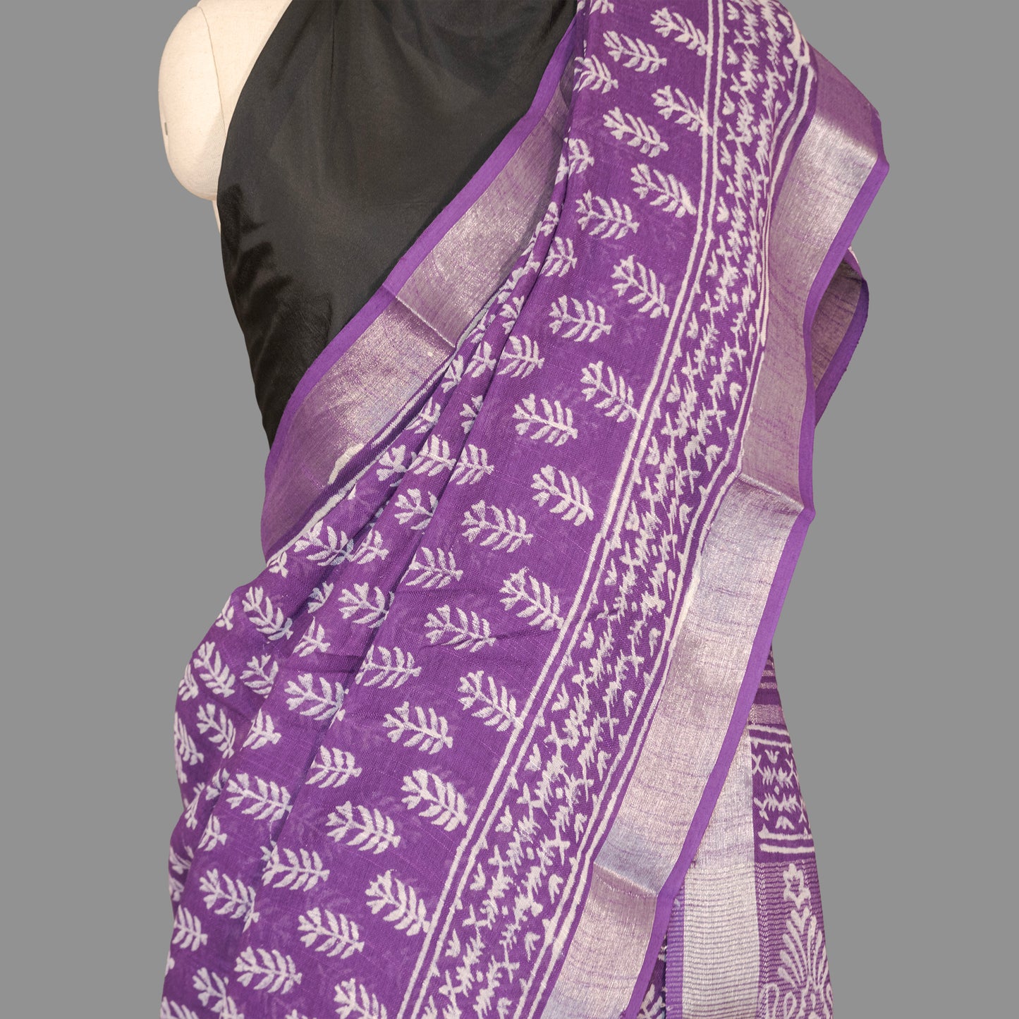 Linen Cotton Saree-Amethyist  Purple-White Block Printed