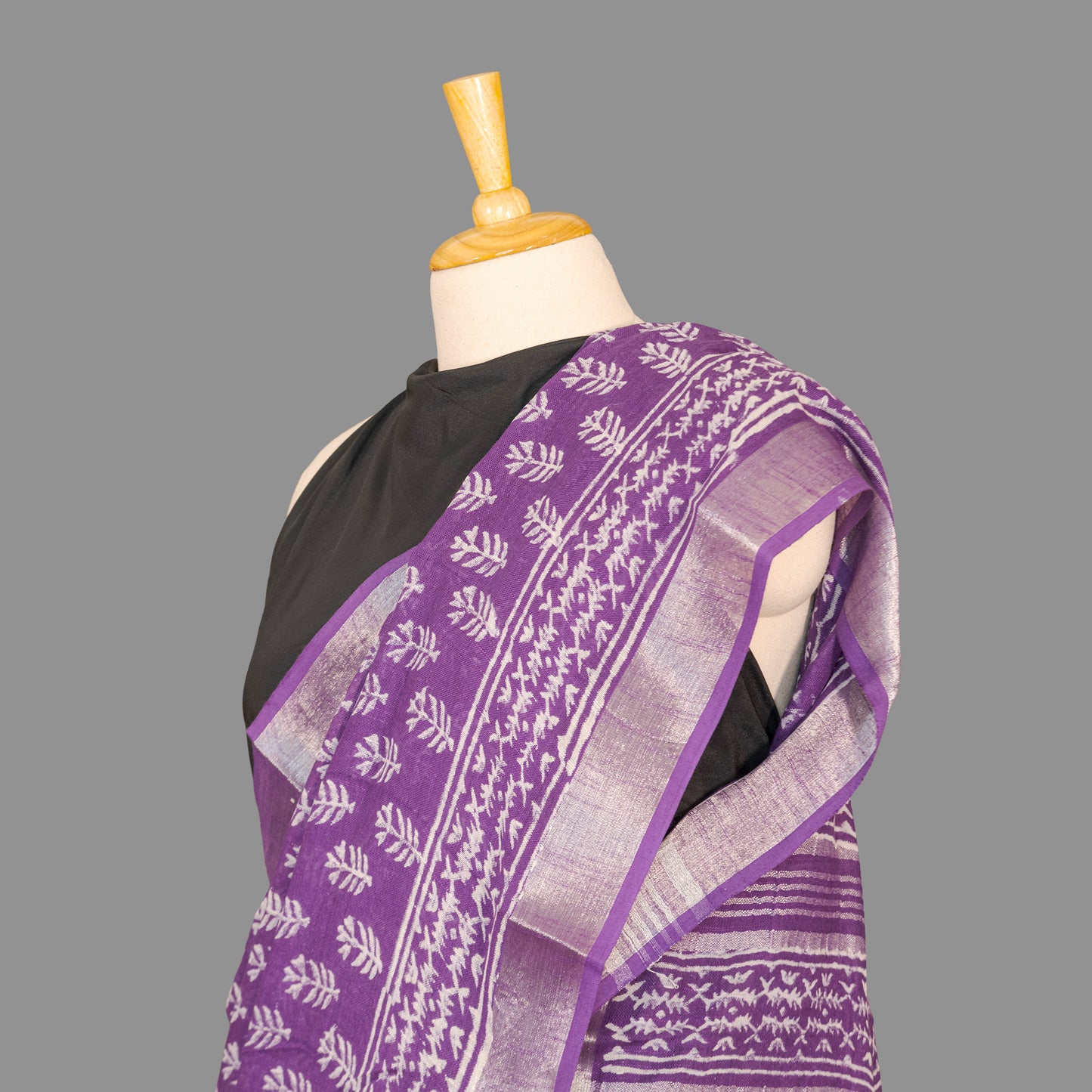 Linen Cotton Saree-Amethyist  Purple-White Block Printed
