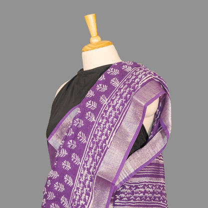 Linen Cotton Saree-Amethyist  Purple-White Block Printed
