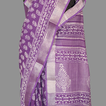 Linen Cotton Saree-Amethyist  Purple-White Block Printed