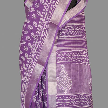 Linen Cotton Saree-Amethyist  Purple-White Block Printed